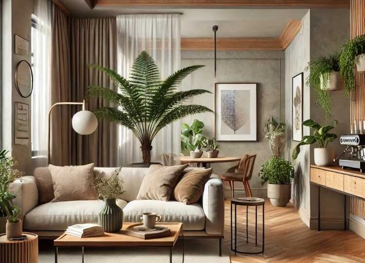 DALL·E 2024-08-19 16.08.41 - A stylish living room inspired by a trendy café. The space features warm wooden floors, a comfortable sofa with plush cushions, and a modern coffee ta