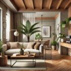 DALL·E 2024-08-19 16.08.41 - A stylish living room inspired by a trendy café. The space features warm wooden floors, a comfortable sofa with plush cushions, and a modern coffee ta