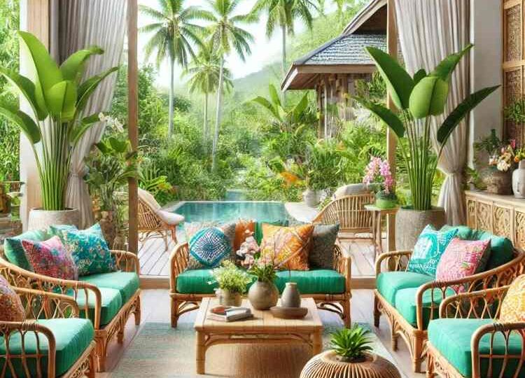 DALL·E 2024-08-20 18.26.25 - A tropical Asian-inspired living room with a vibrant, lush atmosphere. The space features rattan furniture, including a cozy sofa and chairs with brig