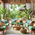 DALL·E 2024-08-20 18.26.25 - A tropical Asian-inspired living room with a vibrant, lush atmosphere. The space features rattan furniture, including a cozy sofa and chairs with brig