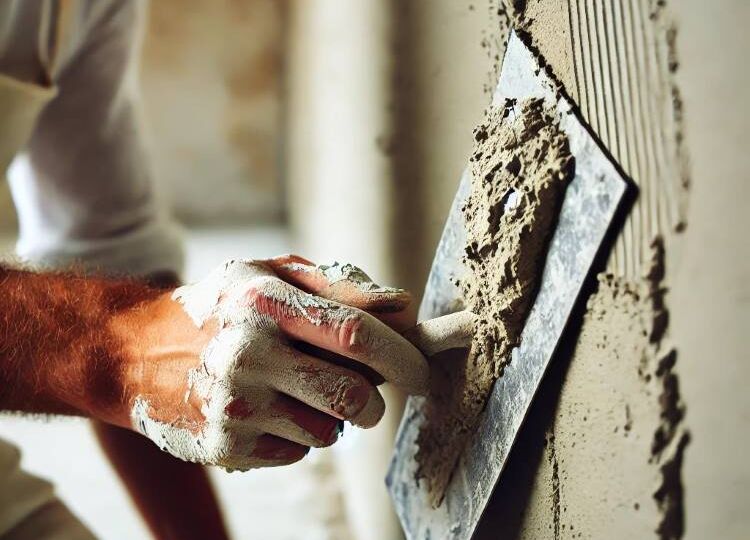 DALL·E 2024-08-27 18.07.08 - A close-up image of a person using a trowel to apply plaster or cement to a wall. The person's arm is visible, wearing a white shirt and a paint-stain