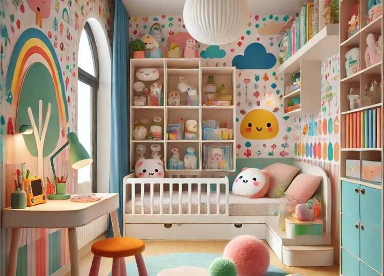 DALL·E 2024-09-05 09.03.34 - A colorful and playful children's room with vibrant wallpaper, cozy furniture, and functional storage spaces. The room is designed for a young child,